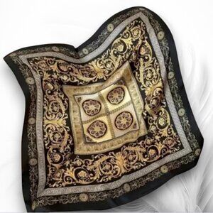 Classic Black Silk Scarf with Golden Ornaments
